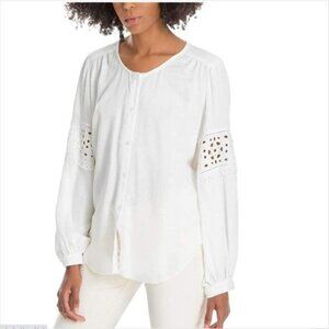 Max Studio Top Blouse Button Up Shirt White sz L Eyelet Balloon Sleeve…